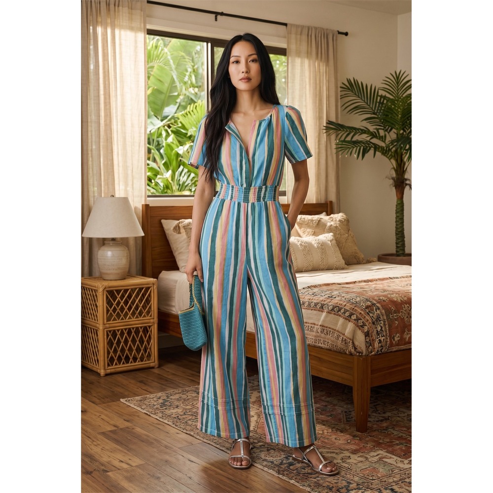 NWT! Anthropologie Striped‎ Wide Leg Jumpsuit Womens M Multicolor Flutter Sleeve